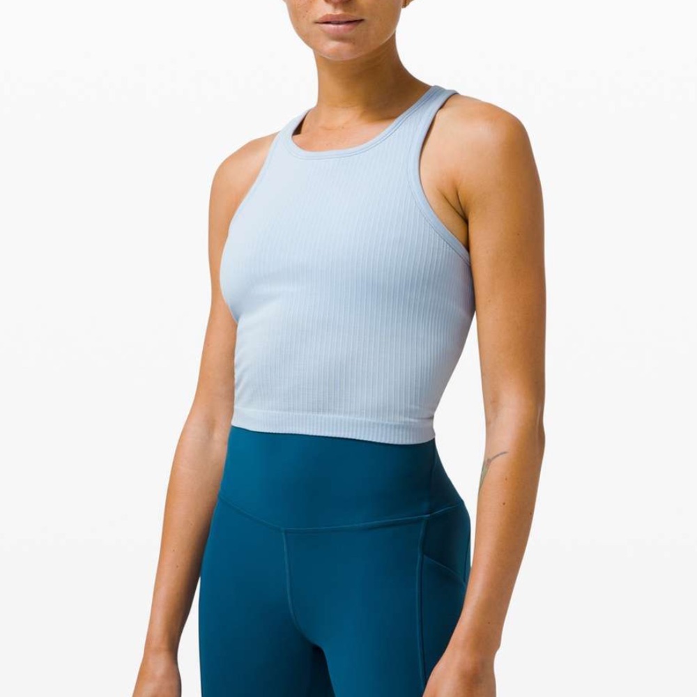 Lululemon ebb to street cropped tank blue linen